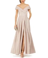 Xscape Women's Off-The-Shoulder Shimmer Wrap Style Gown