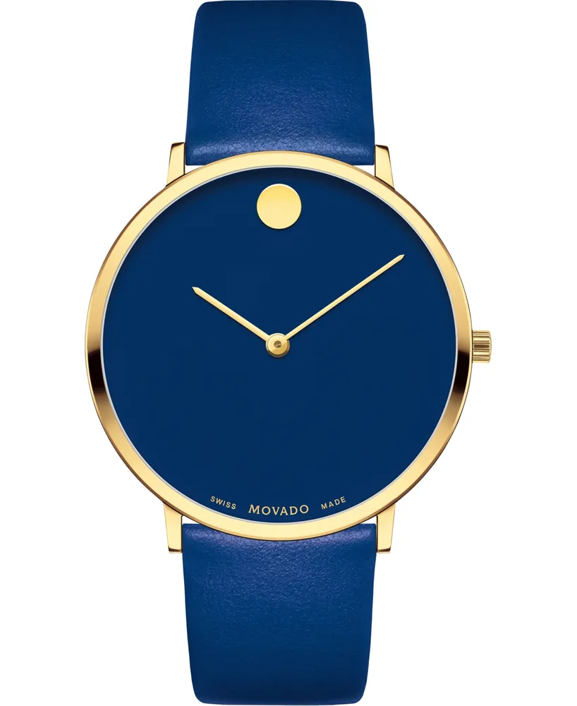 Movado Swiss Modern Blue Leather Strap Watch 40mm