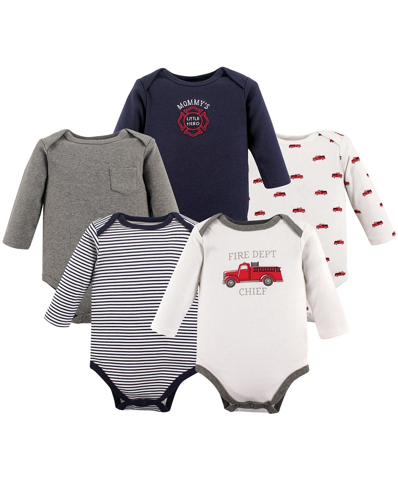 Hudson Baby Baby Boys Hudson Cotton Long-Sleeve Bodysuits 5pk, Fire Truck, 12-18 Months