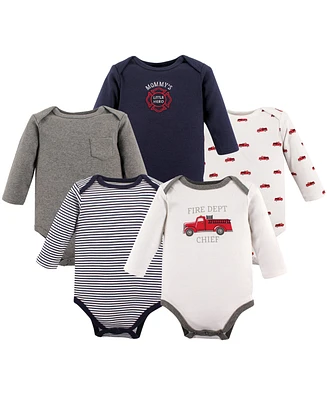 Hudson Baby Baby Boys Hudson Cotton Long-Sleeve Bodysuits 5pk, Fire Truck, 12-18 Months