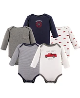 Hudson Baby Baby Boys Hudson Cotton Long-Sleeve Bodysuits 5pk, Fire Truck, 12-18 Months