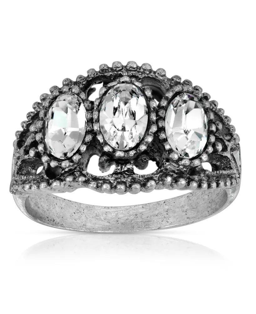 Pewter Triple Clear Crystal Oval Ring