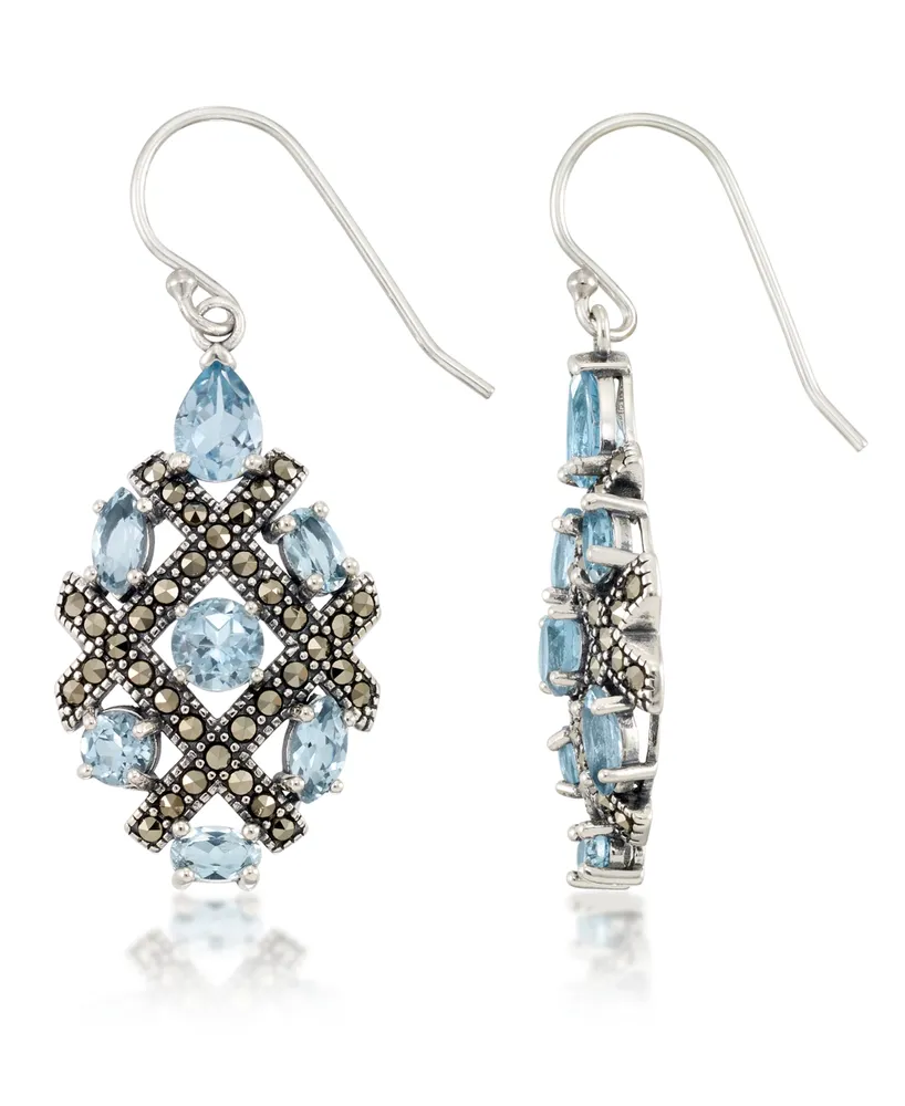 Marcasite and Blue Topaz (6 ct. t.w.) Drop Wire Earrings in Sterling Silver