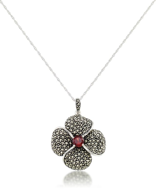 Marcasite and Garnet (9/10 ct.t .w.) Pave Flower Pendant+18" Chain in Sterling Silver