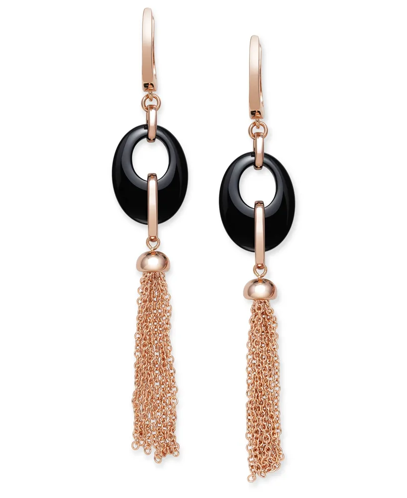 Black Onyx 20x15mm Dangle Earrings in Rose Gold over Silver