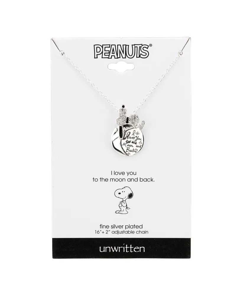 Snoopy "I Love You To The Moon" Plated Silver Crystal Pendant Necklace, 16" + 2" Extender for Unwritten