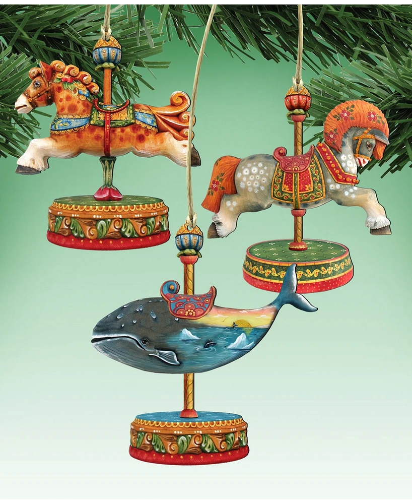 Designocracy Carousel Horses Whale Wooden Ornaments, Set of 3