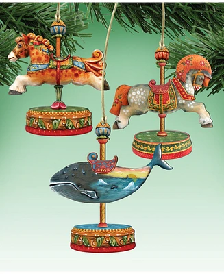 Designocracy Carousel Horses Whale Wooden Ornaments, Set of 3