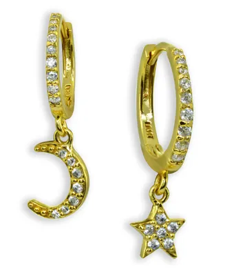 Cubic Zirconia Moon & Star Charm Drop Huggie Hoop Earring Sterling Silver or 18k Gold Plated