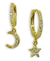 Cubic Zirconia Moon & Star Charm Drop Huggie Hoop Earring Sterling Silver or 18k Gold Plated
