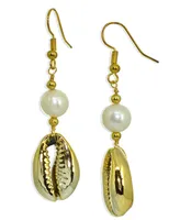 Freshwater Pearl Puka Shell Drop Earring Silver Plate