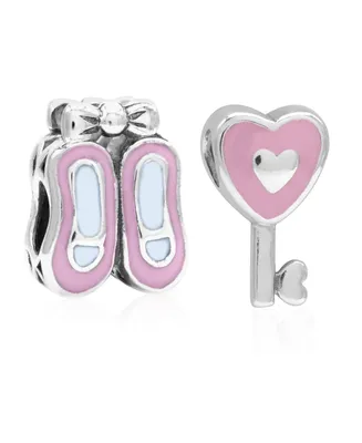 Rhona Sutton 4 Kids Children's Enamel Ballet Slippers Heart Key Bead Charms - Set of 2 in Sterling Silver
