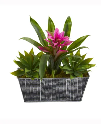 Nearly Natural 11in. Bromeliad and Agave Artificial Plant Embossed Tin Planter
