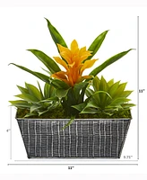 Nearly Natural 11in. Bromeliad and Agave Artificial Plant in Embossed Tin Planter