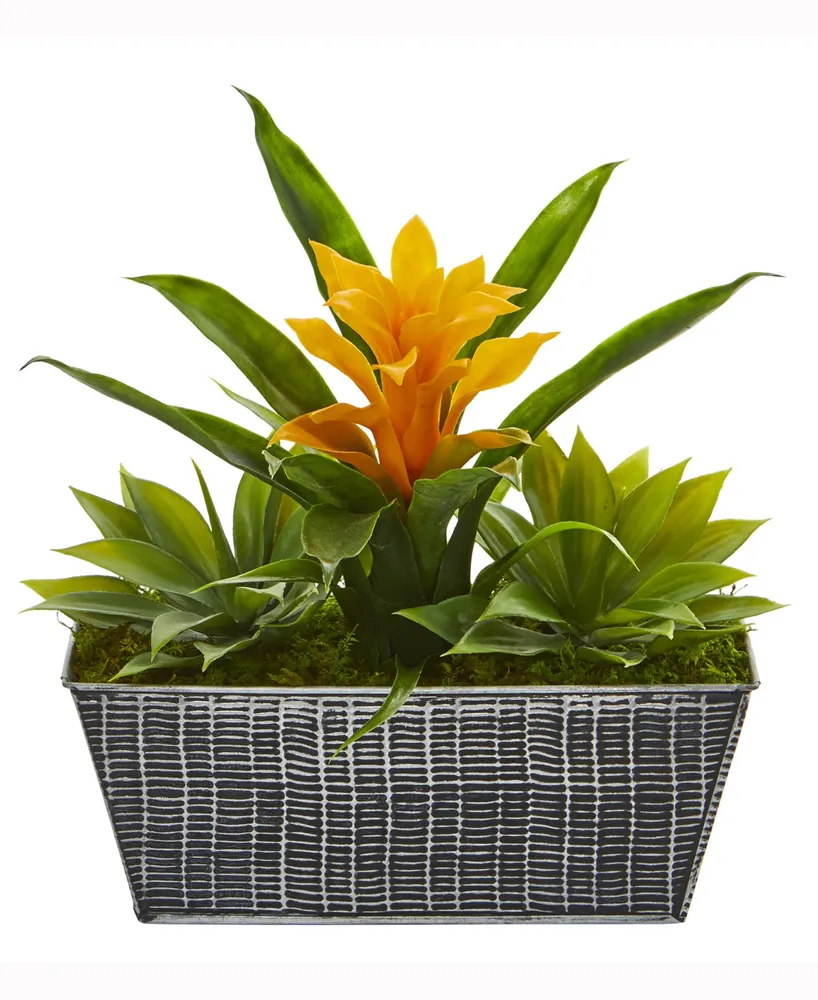 Nearly Natural 11in. Bromeliad and Agave Artificial Plant in Embossed Tin Planter