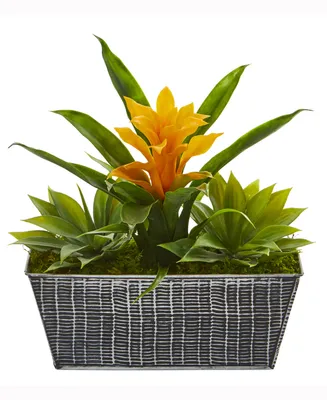 Nearly Natural 11in. Bromeliad and Agave Artificial Plant in Embossed Tin Planter