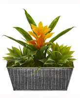 Nearly Natural 11in. Bromeliad and Agave Artificial Plant in Embossed Tin Planter