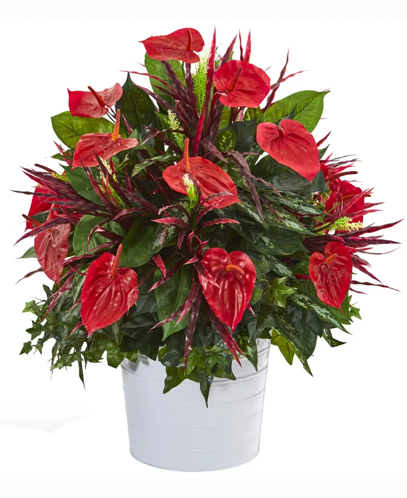 Nearly Natural 29in. Mixed Anthurium Artificial Plant in White Tin Planter