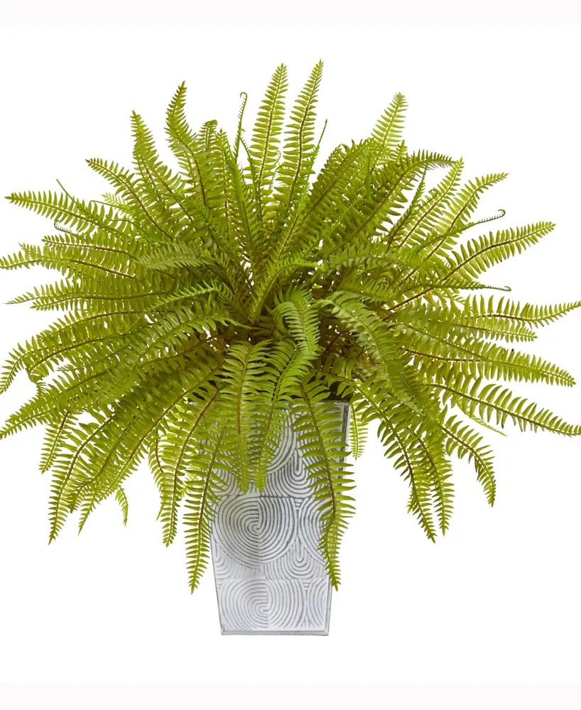 Nearly Natural 14in. Fern Artificial Plant in Embossed White Planter