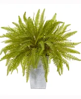 Nearly Natural 14in. Fern Artificial Plant in Embossed White Planter