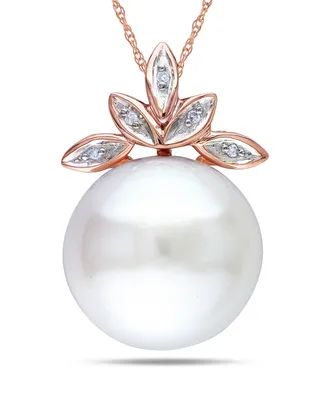 Freshwater Cultured Pearl (11.5-12mm) and Diamond Accent Leaf 17" Necklace in 10k Rose Gold