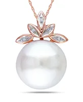 Freshwater Cultured Pearl (11.5-12mm) and Diamond Accent Leaf 17" Necklace in 10k Rose Gold