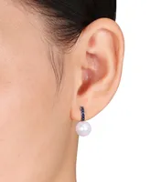 Freshwater Cultured Pearl (11-12mm) and Sapphire (5/8 ct. t.w.) Drop Earrings in 10k White Gold