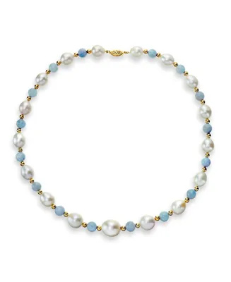 White Freshwater Cultured Pearl (10.5-11mm) with Blue Aquamarine (8mm), and Gold Beads (4mm) 18" Necklace in 14k Yellow Gold