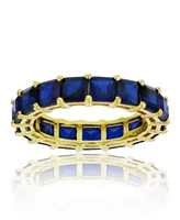 Created Blue Spinel Princess Cut Eternity Band in 14k Yellow Gold Plated Sterling Silver