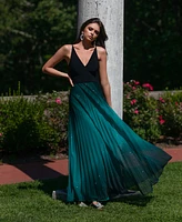 Betsy & Adam Pleated Glitter-Skirt Gown