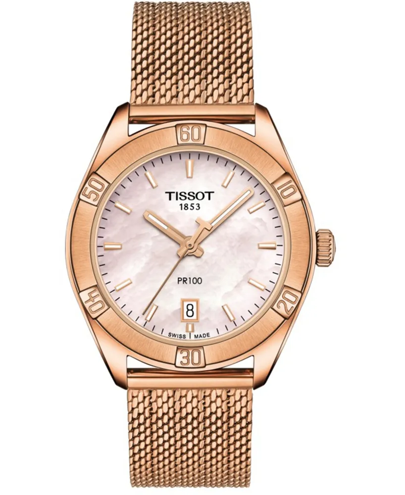 Tissot Women's Swiss Pr 100 Sport Chic T-Classic Rose Gold-Tone Stainless Steel Mesh Bracelet Watch 36mm