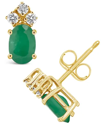 Emerald (1 ct. t.w.) and Diamond (1/8 ct. t.w.) Stud Earrings in 14k Yellow Gold