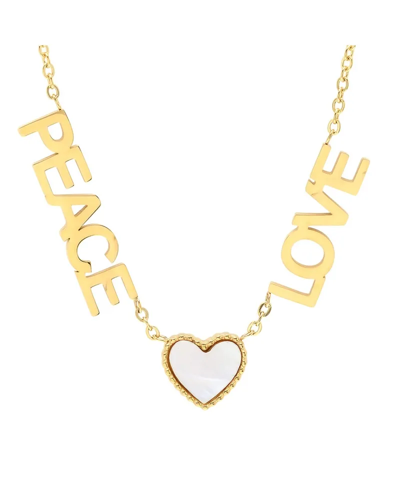 Steeltime 18K Gold Plated Stainless Steel Peace Love Drop Necklace with Heart Charm - Gold