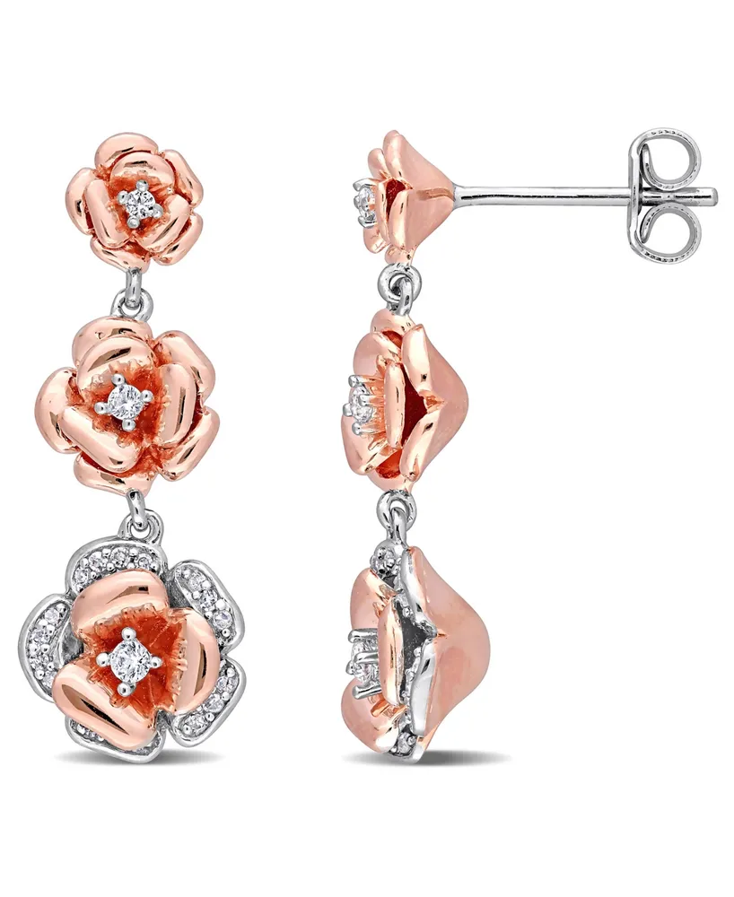 Lab Grown White Sapphire (1/8 ct. t.w.) and Diamond (1/10 ct. t.w.) Graduated Floral Earrings in Two-Tone Sterling Silver