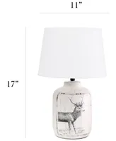 Simple Designs Rustic Deer Buck Nature Printed Ceramic Farmhouse Accent Table Lamp with Fabric Shade - Off