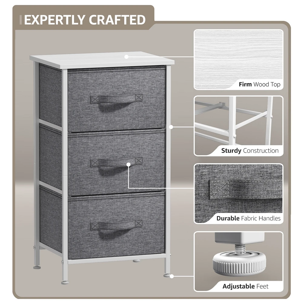 Sorbus Nightstand with 3 Drawers - Steel Frame, Wood Top & Easy Pull Fabric Bins Perfect for Home, Bedroom, Office College Dorm