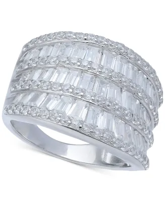 Cubic Zirconia Three Row Baguette Statement Ring Sterling Silver