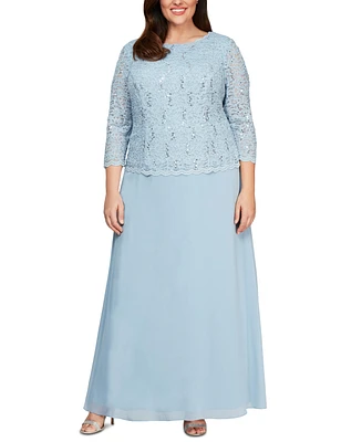 Alex Evenings Plus Sequined Scalloped Edge Lace Top Gown