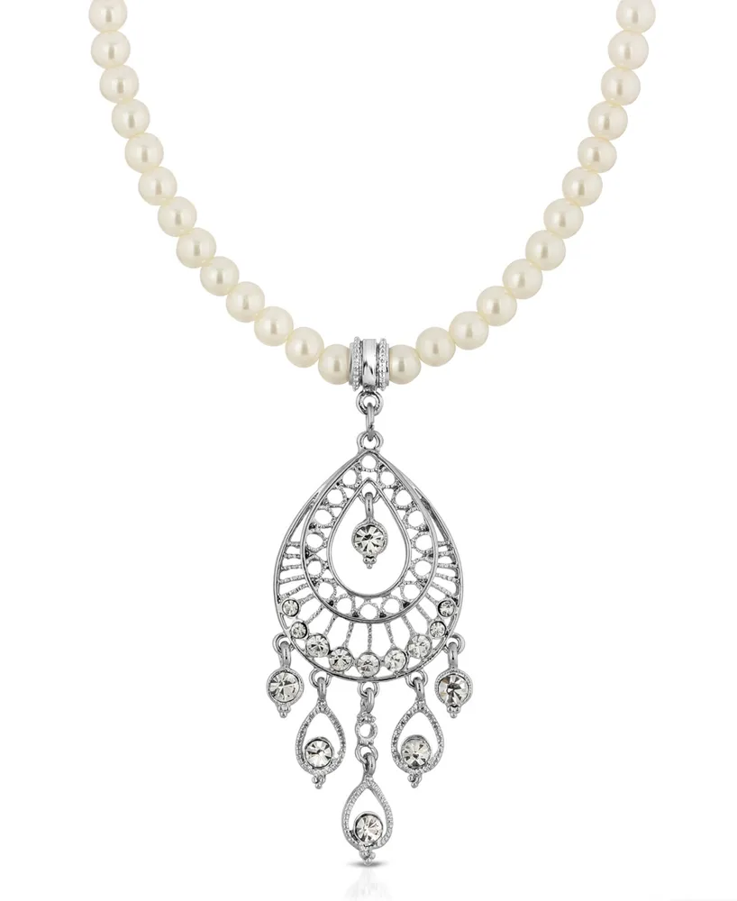 2028 Silver-Tone Crystal Filigree Drop On Imitation Pearl Necklace