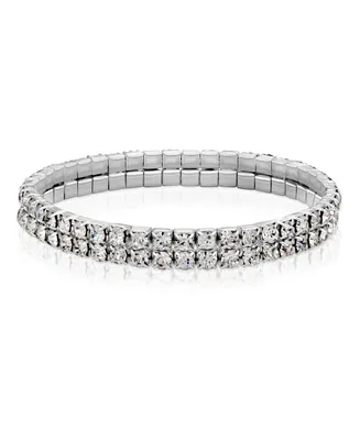 2028 Silver-Tone Clear Crystal 2-Row Rhinestone Stretch Bracelet