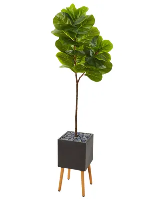 Nearly Natural 71in. Fiddle Leaf Artificial Tree in Black Planter with Stand Real Touch