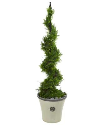 Nearly Natural 4.5ft. Cypress Artificial Spiral Topiary Tree in Decorative Planter