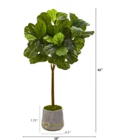 Nearly Natural 41in. Fiddle Leaf Artificial Tree in Stoneware Planter with Gold Trimming Real Touch