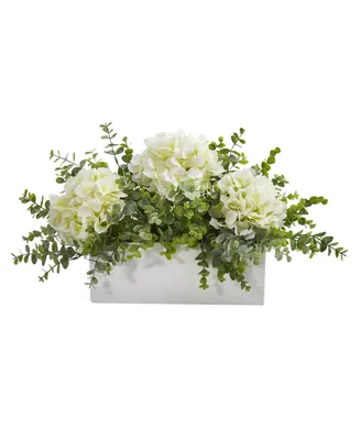 Nearly Natural 15in. Hydrangea and Eucalyptus Artificial Arrangement in White Vase