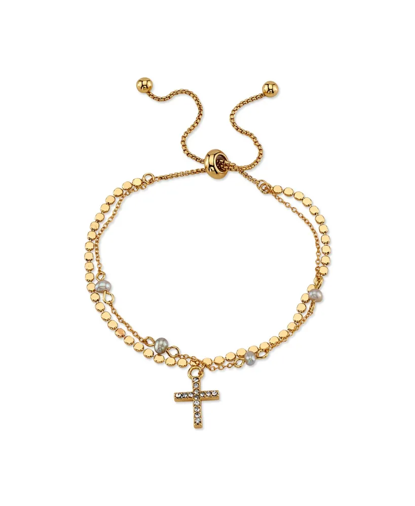 Unwritten 14K Gold Flash-Plated Gray Fresh Water Pearl and Crystal Cross Double Strand Bolo Bracelet