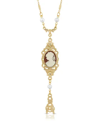 2028 Carnelian Oval Cameo with Faux Imitation Pearls Necklace