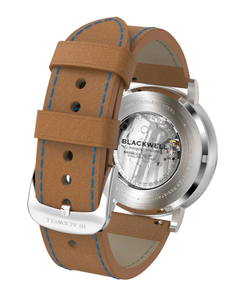 Blackwell White Silver Tone Dial with Silver Tone Steel and Bright Brown Leather Watch 44 mm