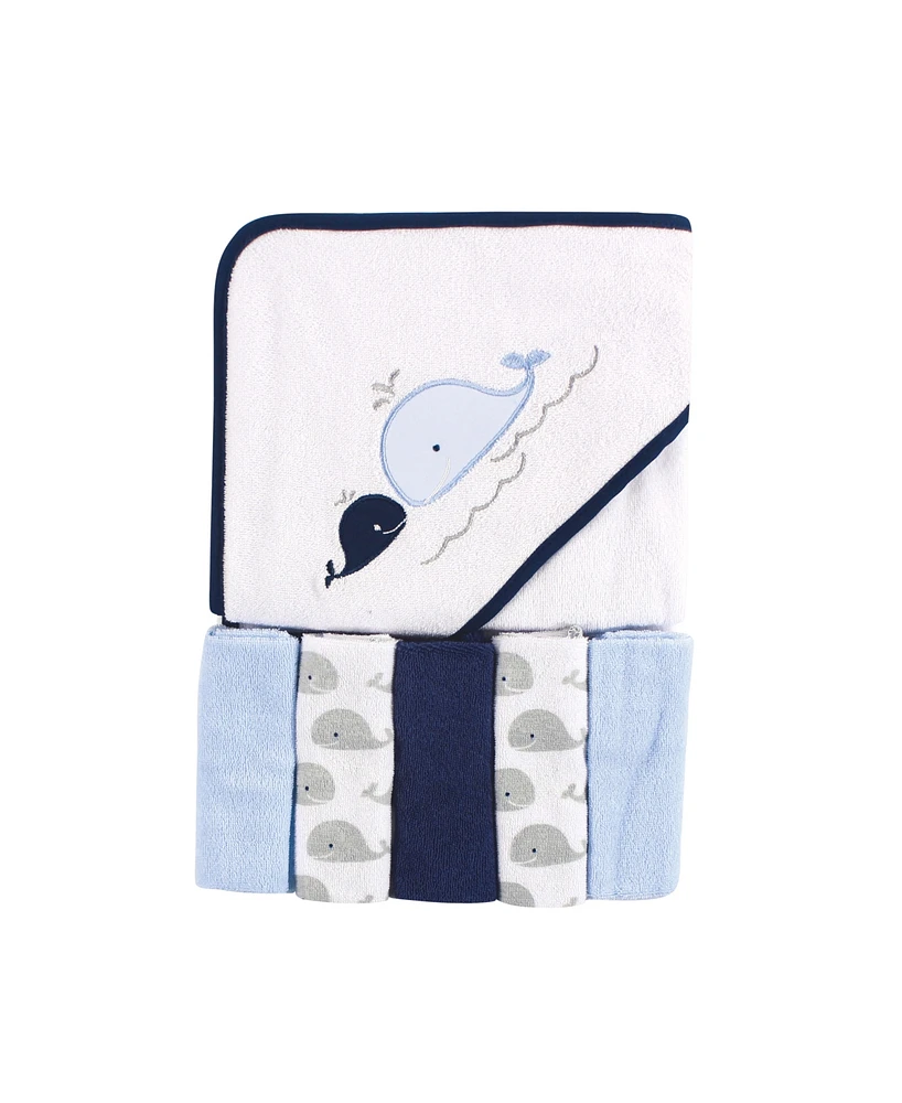 Luvable Friends Baby Girls and Boys Whale Hooded Towel with 5 Washcloths, Pack of 6