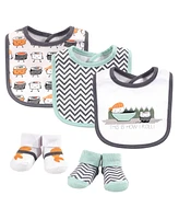 Hudson Baby Infant Boy Cotton Bib and Sock Set 5pk, Black Bear, One