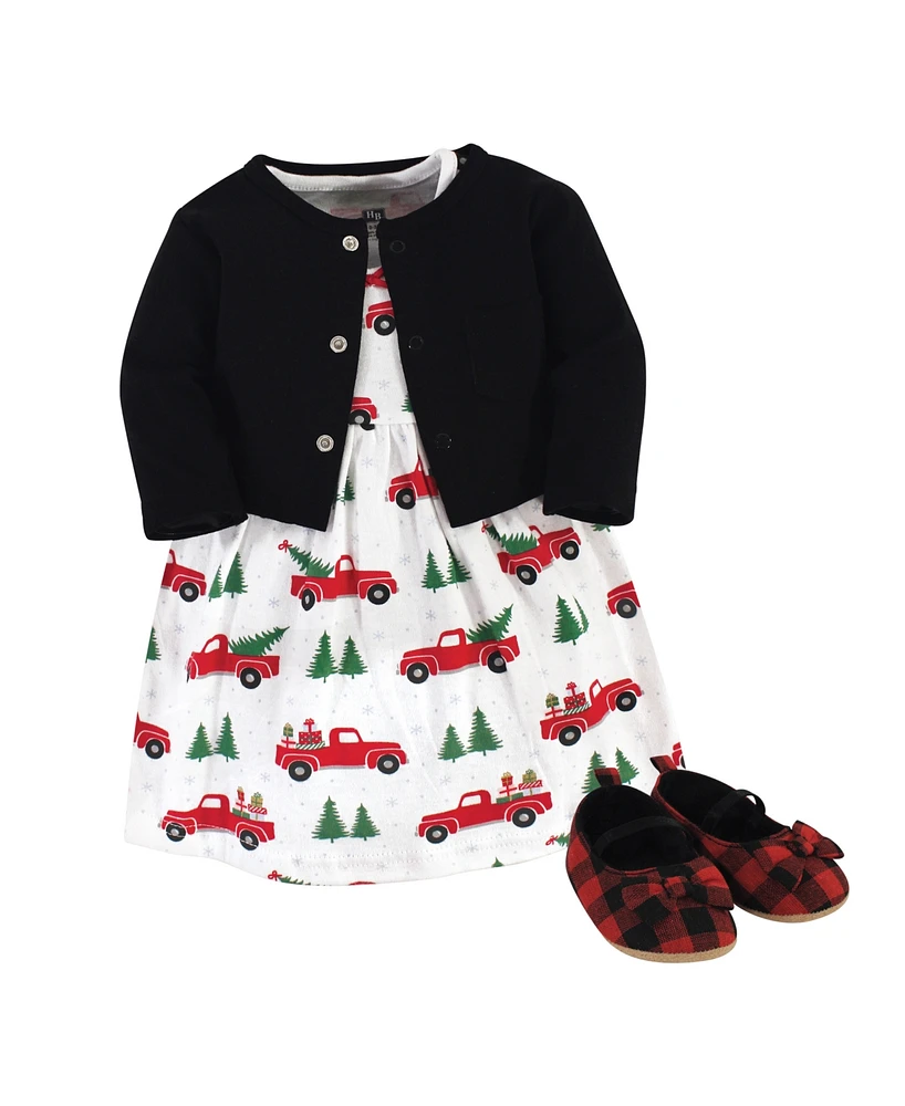 Hudson Baby Girls Cotton Dress, Cardigan and Shoe 3pc Set, Christmas Tree, 0-3 Months